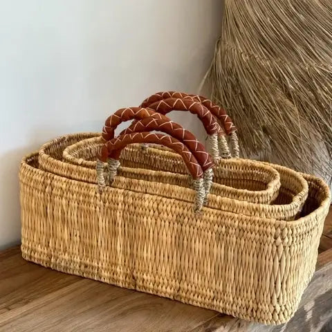 Reed Basket with Leather Handles