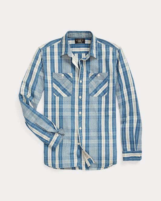 Indigo Plaid Cotton-Linen Workshirt