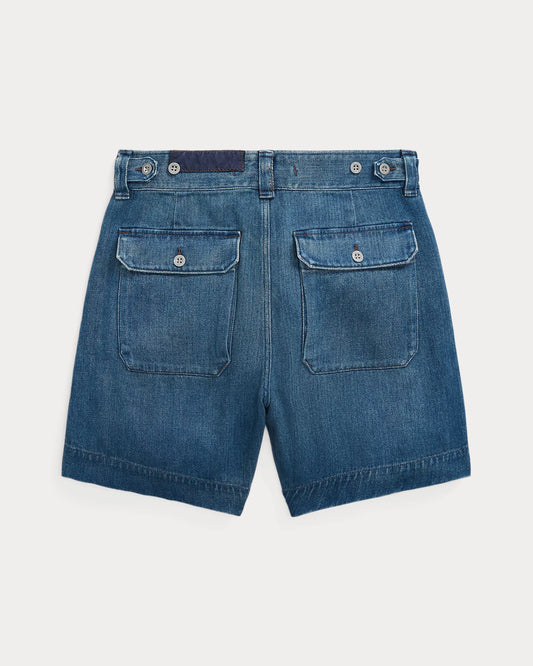 Repaired Indigo Cotton-Linen Short