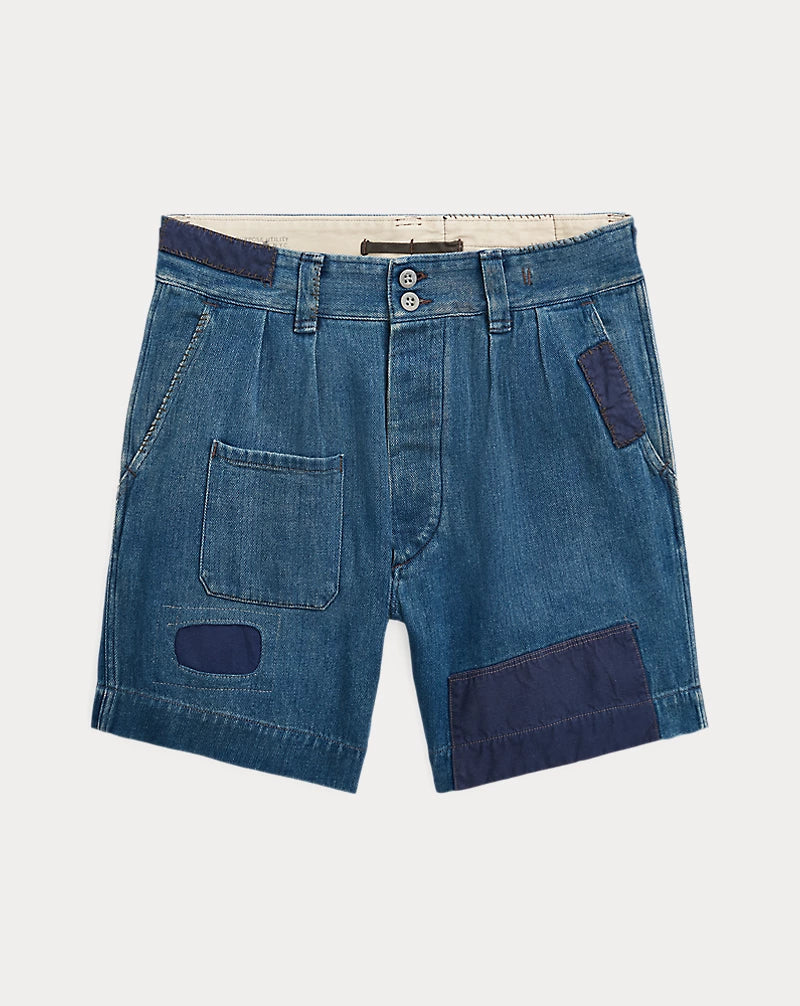 Repaired Indigo Cotton-Linen Short